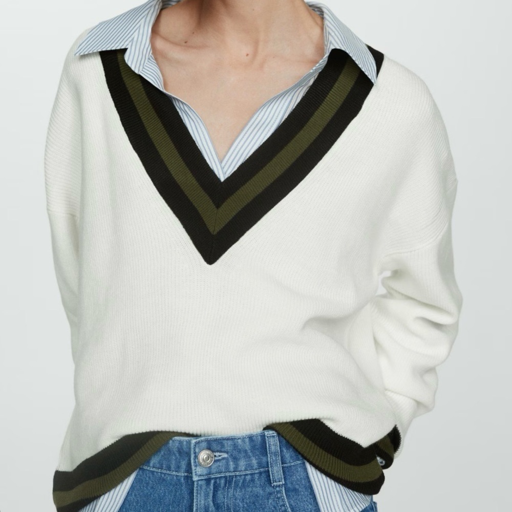 Mango Contrasting V-Neck Sweater - Picture 2 of 7